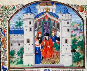 Frontispice of Economics som representerer forfatteren som presenterer arbeidet sitt for kongen. Miniatyr fra manuskriptet (Ms 927 Fol.426) "" Commentary on Political and Economic Ethics"" av den greske filosofen Aristoteles (383-322 f.Kr.) oversatt av Nic av Unknown artist