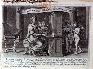 Frontispice av den andre orgelboken av Mr. Nicolas Lebègue. Fransk komponist 1631 til 1702. Organist i tjeneste for Ludvig XIV. Paris BNF av Unknown artist