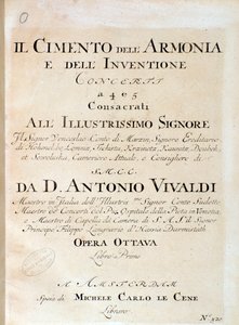 Frontispice av musikalsk partitur av fiolin på konsert V i Prøvelsen av harmoni og oppfinnelse av den italienske komponisten Antonio Vivaldi av Unknown artist
