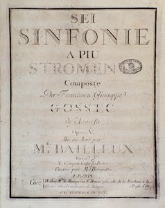 Frontispice av partituret til Sei sinfonie a piu strumenti op. 5 (første symfoni) av Francois Joseph Gossec av Unknown artist