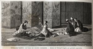 Begravelsesseremonier: munken av de siste sakramentene. Gravering for å illustrere reisen til Japan i 1863-1864, av Aime Humbert, minister for det sveitsiske konføderasjonen, i "Le tour du monde, nouveau journal des voyages", utgitt under ledelse av Edouar av Unknown artist