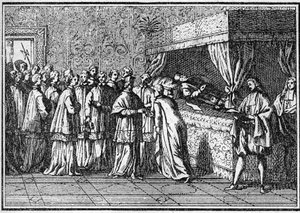 Begravelse av en pave på 1700-tallet: anerkjennelse av kroppen til den døde paven. Gravering i "Histoire des religions"". av Unknown artist