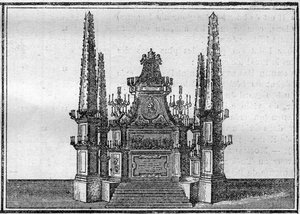 Begravelse av en pave på 1700-tallet: katafalken til den avdøde paven. Gravering i "Histoire des religions"". av Unknown artist