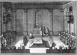 Begravelse av en pave på 1700-tallet: seremonien for obseques. Gravering i "Histoire des religions"". av Unknown artist