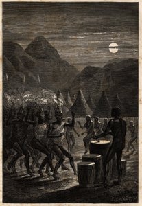 Begravelsesseremoni blant Lakutas (stamme som ligger i Upper Nile-regionen), trommer og rituelle danser i måneskinnet. Engravure pour illustration le voyage au lac Albert, en 1861-1864, av Sir Samuel White Baker, i "Le tour du monde, nouveau journal des av Unknown artist