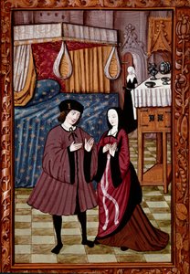 Galant møte på et soverom Sannsynligvis kjærligheten til Jean III de Brush og Louise de Laval. Miniatyr fra manuskript ms. 1475 av Unknown artist