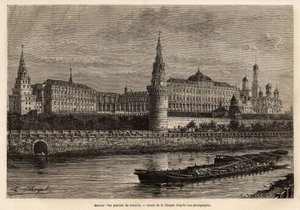 Generell oversikt over Kreml, Moskvas geografiske sentrum og Russlands politiske sentrum, nabolaget bygget på 1300-tallet har alltid blitt utvidet og restaurert i hele landets historiske peripetier. Gravering for å illustrere La Rus av Unknown artist