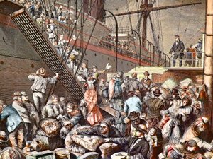 Tyske emigranter for New York tok fatt på Hamburg-damperen i 1874, gravering - (Deutsche Emigranten) av Unknown artist