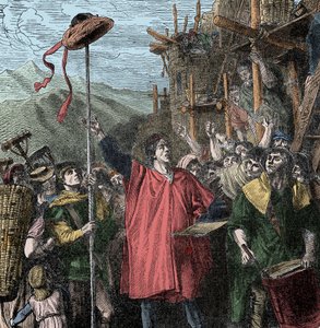 Geslers hatt - Fogd Hermann Gessler reiser en stolpe i Altdorf og henger hatten på den, og tvinger innbyggerne til å bøye seg foran. Guillaume Tell av Unknown artist