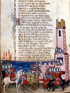 Gestures sang: kampscene nær en befestet by. Charlemagnes tropper (742-814) kjempet mot maurerne i Spania. Miniatyr hentet fra det fransk-italienske manuskriptet «Entreée d'Espagne», Venezia-skolen 1300-tallet, Biblioteca Marciana, Venezia. av Unknown artist