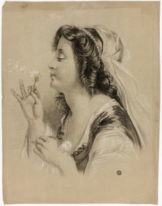 Jente som blåser på en løvetann (rekto); Profil av en jentehode (verso) av Unknown artist