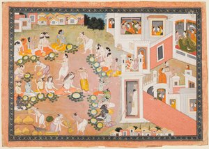 Guder, Rishier og demoner på festen for Ramas fødsel, fra en Ramayana av Unknown artist
