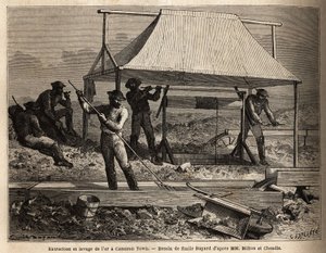 Gullutvinning og vasking i et krav i Cameron Town (British Columbia, Canada), distriktet er den rikeste gullforekomsten i regionen, gull utvinnes fra undergrunnen av hule brønner, hvorfra bøtter med "betalt gjørme", en blanding av leire og grus som c av Unknown artist