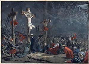 Langfredag: Jesu Kristi korsfestelse (Jesus Kristus). Illustrasjon i "" le Pelerin"" av 3. april av Unknown artist
