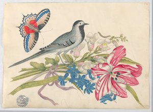 Grå fugl på gren med tulipan, løvedrager og forglemmigei med sommerfugl av Unknown artist