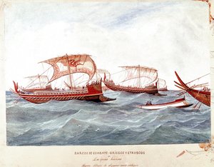 Greske og etruskiske krigsskip (Akvarell av Unknown artist