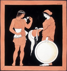 Gresk mytologi: Andromaque presenterer våpnene til mannen sin. av Unknown artist