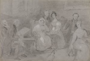 Gruppe av figurer, med en mann som maler i akvareller og en jente som gir kopper te av Unknown artist