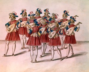 En gruppe musikere som spiller lut. Akvarell og penn av Daniel Rabel (1578-1637) fra albumet «Chateau de Bicetre» 1600-tallets Paris, Louvre-museet av Unknown artist