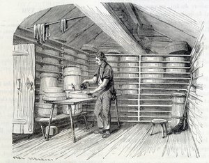 Gruyère ostebutikk i en sveitsisk hytte (vasker skorpen) - i "" The wonders of the industry"" av Louis Figuier av Unknown artist