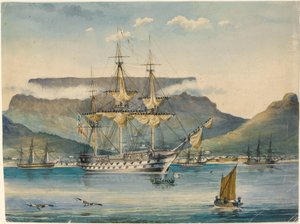 HMS #39;Jupiter#39; (1813) ved Table Bay, som et troppeskip av Unknown artist