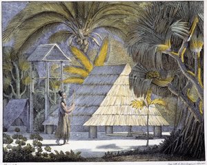 Habitat på Radak-øyene, skjærgården på Marshalløyene. 1800-talls gravering. av Unknown artist