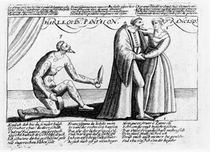 Harlekinhaner. Serier med graveringer av et stykke spilt i Frankrike mot slutten av 1500-tallet med temaet kjærlighetsskamlene til Harlequin og Franceschina. av Unknown artist