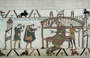 Harold, som vendte tilbake til England, etter hans ambassade hos hertugen Vilhelm Erobreren (1027-1087), resiterte sin reise til kong Edward Bekjenneren. av Unknown artist