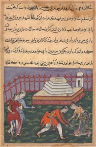 Da Ayaz hører hennes kjærlighetserklæring, faller hun for føttene til Mahmuda ved den hellige helligdommen. Scenen er vitne til av Salim, Ayazs venn, og en hushjelp, fra en Tuti-nama (Tales of a Parrot): Thirty-third Night av Unknown artist