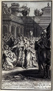 Hector, som kom til Troyes mens grekerne og trojanerne var i deres hender, ble plaget av smerten til Andromaque, og av gråten fra sønnen, som han kysset ømt før han vendte tilbake til kampen. Illustrasjon av bok VI av Iliaden av Homere, Fren av Unknown artist
