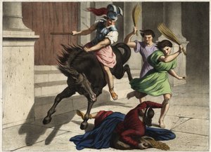 Heliodore (Heliodoros) was driven out of the temple: on the orders of his ruler, he tried unsuccessfully to seize the tresors of the temple of Jerusalem. Anonymous engraving from the middle of the 19th century. av Unknown artist