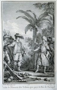 Her er hyllestvalutaen som kongen av Portugal betaler: portugisisk handel i koloniene - i "Filosofisk og politisk historie om europeiske etablissementer og handel i de to India", av Guillaume Thomas Raynal, red. Skuffe av Unknown artist