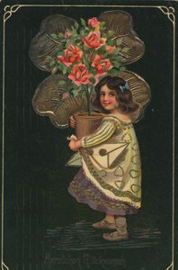 Historisk gratulasjonskort med et barn og en stor potteplante, rose av Unknown artist