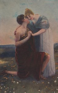 Historisk gratulasjonskort med historisk motiv, kvinne og kriger fra middelalderen av Unknown artist