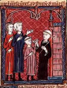 Historien om kanonisk lov: "" To foreldre som tar sønnen sin til et kloster""" Miniatyr hentet fra "Decret de Gratien"" ("Concordia discordantium canonum" eller "Decretum Gratiani") fra 1140 og re av Unknown artist