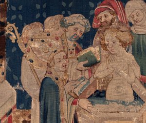 History of Saint Piat og Saint Eleuthère, Scene 13: dåp av Blanda (Hvordan de gode hellige døpte dattertribunen som samlet inn penger ved et veldig stort mysterium: Blande som var en mor til den gode helgen). Detalj. av Unknown artist
