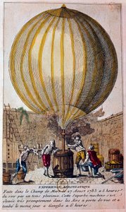 Ballongers historie: aerostatisk erfaring utført på Champ de Mars i Paris 27.08.1783: ballongen er fylt med hydrogengass av Jacques Charles (1746-1823). Gravering av Paris fra 1700-tallet, B.N. av Unknown artist
