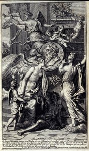 Homeres ånd, som holder hans Iliaden og hans Odyssee, og ledet av heroisk poesi, introduseres, til tross for misunnelsens innsats, for minnetempelet, som åpner dørene. Han er ledsaget av Renommee som flyr foran ham, og Time, som vil plassere av Unknown artist