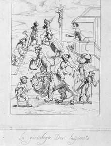 Huguenot-slektsforskning: karikatur av protestanter i aper - gravering av Unknown artist