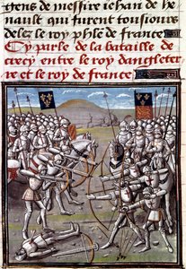 Hundreårskrig: slaget ved Crecy 26.08.1346 mellom franskmennene og engelskmennene. Miniatyr fra Chronicles of Jean Froissart (1337-1400) av Unknown artist