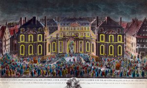 Belysninger av bispepalasset i byen Strasbourg under feiringene gitt av byen under oppholdet til kong Ludvig XV (1710-1774) i rekonvalesens etter en alvorlig sykdom 5.10.1744. Periodetrykk Privat Samling av Unknown artist