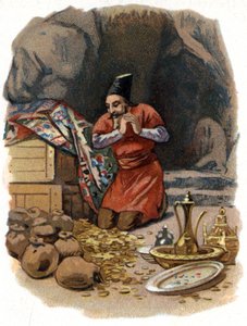 Illustration for the Tales of the Thousand and One Nights. Ali Baba (Ali-Baba) enters the rock, saying, Sesame opens you and sees gold barrels. Chromolithography around 1890. av Unknown artist