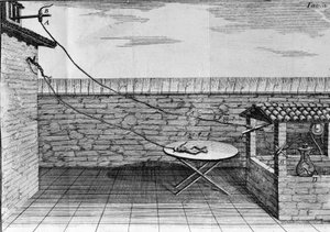 Illustrasjon av eksperimenter av Luigi Galvani, italiensk fysiker og lege (1737 - 1798) som forklarer passasjen av elektrisk strøm som beveger bena til en frosk. av Unknown artist