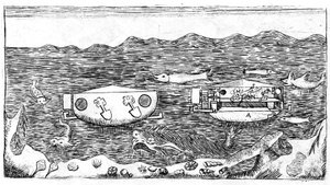 Illustration of the end of the 18th century on how to navigate under water in “” Nuovo trattato sulla vera rettificazione del circolo misurato esattmente con il diametro, utile alla trigonometria... Con una dissertazione sul modo di navigare sott