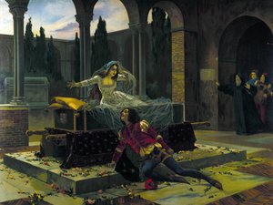 Illustrasjon av den siste scenen av balletten "Romeo og Julie" av Piotr eller Petr Ilyich Tchaikovsky (eller Tchaikovsky eller Ciajkovskij eller Tchaikowsky av Unknown artist