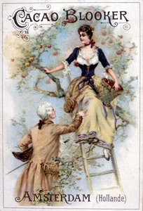 Reklameillustrasjon for Blooker Cocoa som viser en ung mann på 1700-tallsmote som hjelper en ung kvinne ned en stige. av Unknown artist