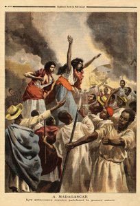 På Madagaskar forkynner den kongelige prinsessen (dronningens søster og tante) den hellige krigen mot Frankrike. Gravering i "" Le petit journal"" 9/09/1894. Selvas samling. av Unknown artist