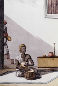 Indisk kultur og sivilisasjon: musiker som spiller tabla, tradisjonelt musikkinstrument, India. Gravering 1808. av Unknown artist