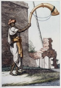 Indisk kultur, sivilisasjon og samfunn: musiker med tradisjonelt indisk blåseinstrument (Sournae). Gravering fra 1808. av Unknown artist