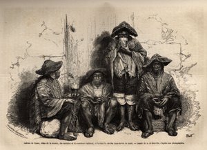 Indianere fra Cuzco (Peru), vetus av manta, sandaler og tradisjonell sombrero, ansatt som arbeidskraft for utnyttelse av guanoforekomster på Chincha-øyene, drakk shisha, men fermentert konjakk. Gravering for å illustrere Les iles Chincha, rettet av L.Simo av Unknown artist